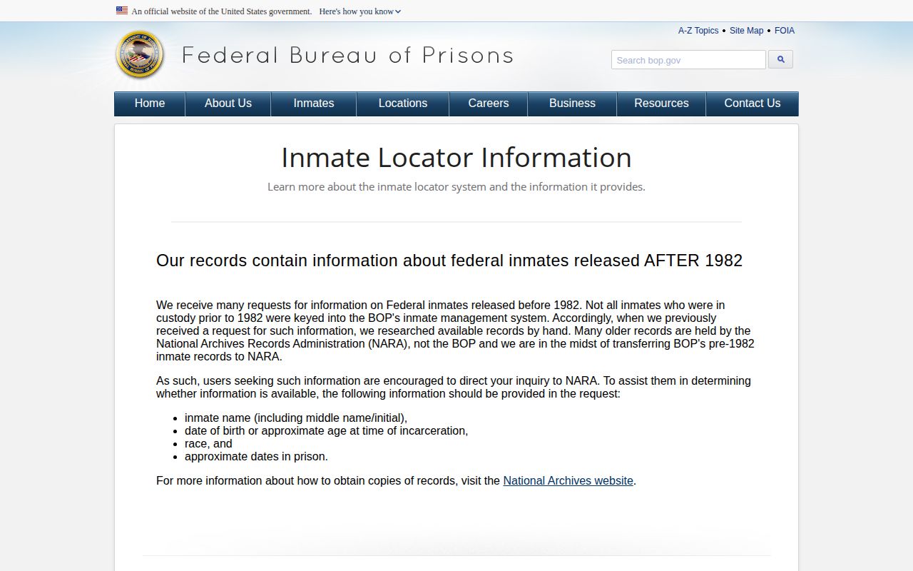 BOP release record definitions for a Seminole County federal inmate search